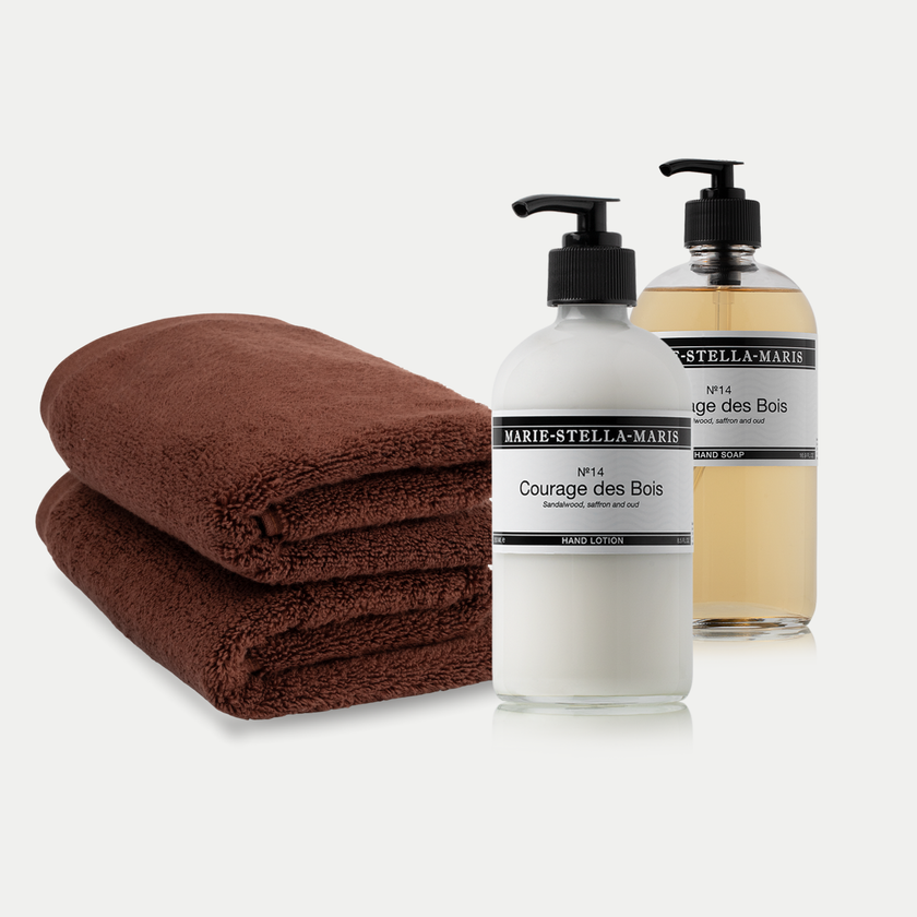 2x Guest Towels Chestnut + Marie-Stella-Maris Hand Soap & Hand Lotion Courage des Bois
