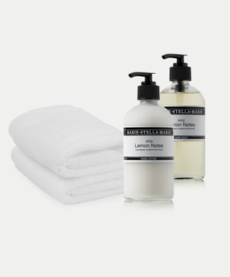 2x Guest Towels White + Marie-Stella-Maris Hand Soap & Hand Lotion Lemon Notes 2x Guest Towels White + Marie-Stella-Maris Hand Soap & Hand Lotion Lemon Notes