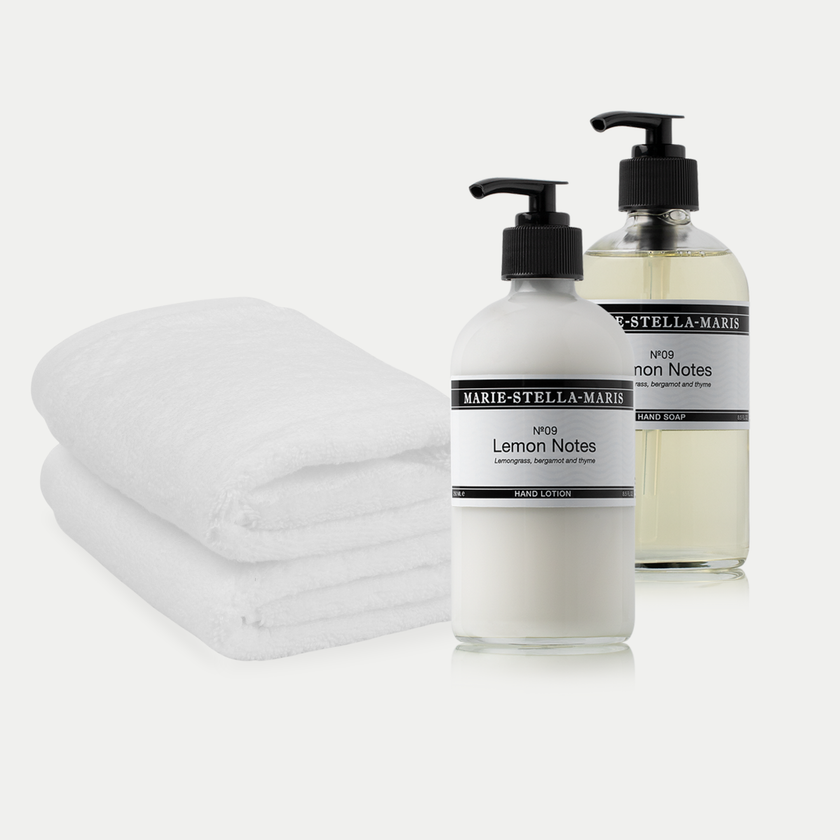 2x Guest Towels White + Marie-Stella-Maris Hand Soap & Hand Lotion Lemon Notes