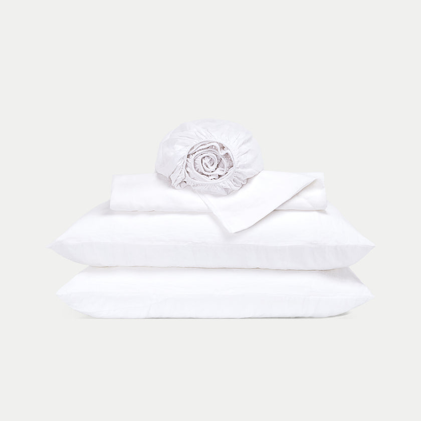 Duvet Cover Set & Fitted Sheet Washed Linen | White