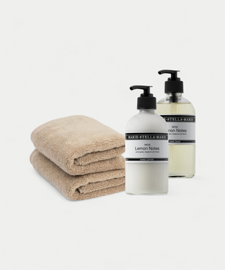 2x Guest Towel Latte & Marie-Stella-Maris Hand Wash + Hand Lotion Lemon Notes 2x Guest Towel Latte & Marie-Stella-Maris Hand Wash + Hand Lotion Lemon Notes
