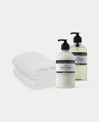 2x Gastendoekje Wit & Marie-Stella-Maris Handzeep + Handlotion Lemon Notes 2x Gastendoekje Wit & Marie-Stella-Maris Handzeep + Handlotion Lemon Notes