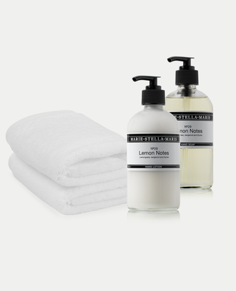 2x Guest Towels White + Marie-Stella-Maris Hand Soap & Hand Lotion Lemon Notes
