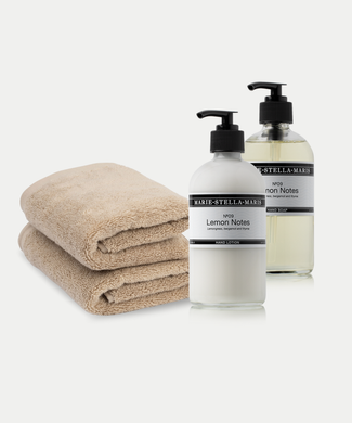 2x Guest Towels Latte + Marie-Stella-Maris Hand Soap & Hand Lotion Lemon Notes