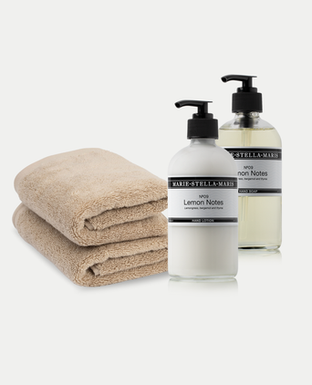 2x Guest Towels Latte + Marie-Stella-Maris Hand Soap & Hand Lotion Lemon Notes