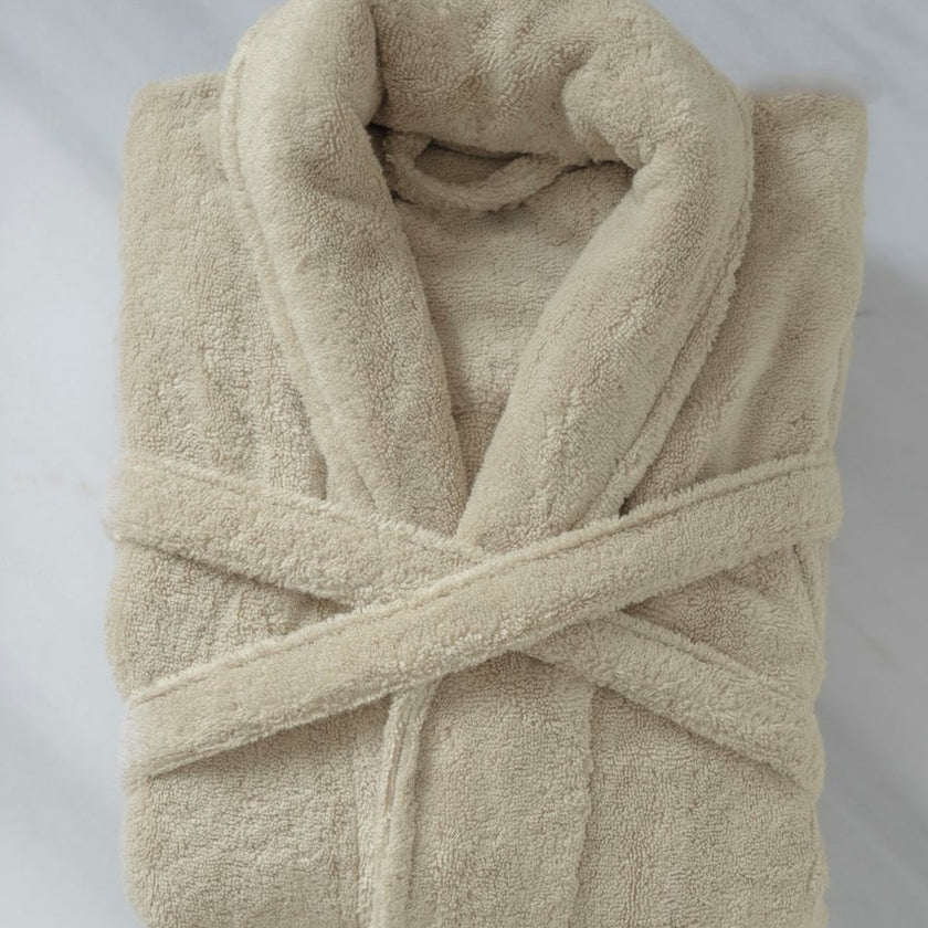 Folded bathrobe hotel quality in Pebble Beach, flat lay shot