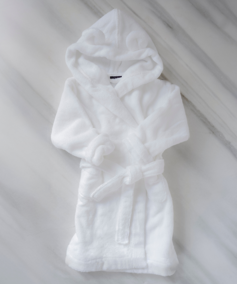 Bathrobe for kids in white with teddy ears, size 8-10 years, flat lay shot