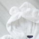 Bathrobe Kids in white, detail shot from hoody with teddy ears and DOUXE logo